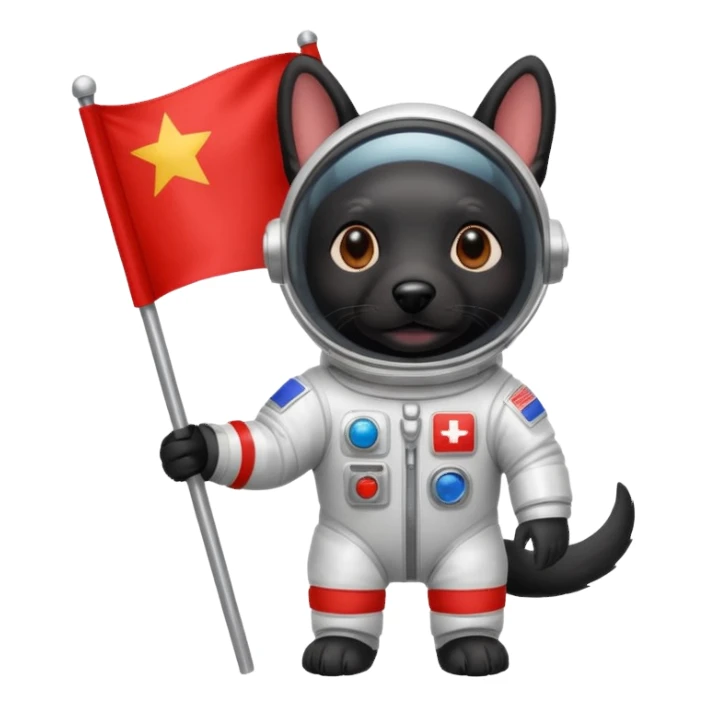 black dog standing in space suit holding red rectangle flag sticker