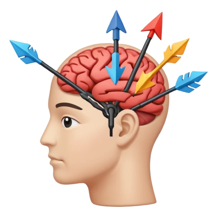 Minimalistic flat vector icon, iOS style, thin black contour on white background. Human head with brain and arrows showing thought change. No text, no shadows. sticker