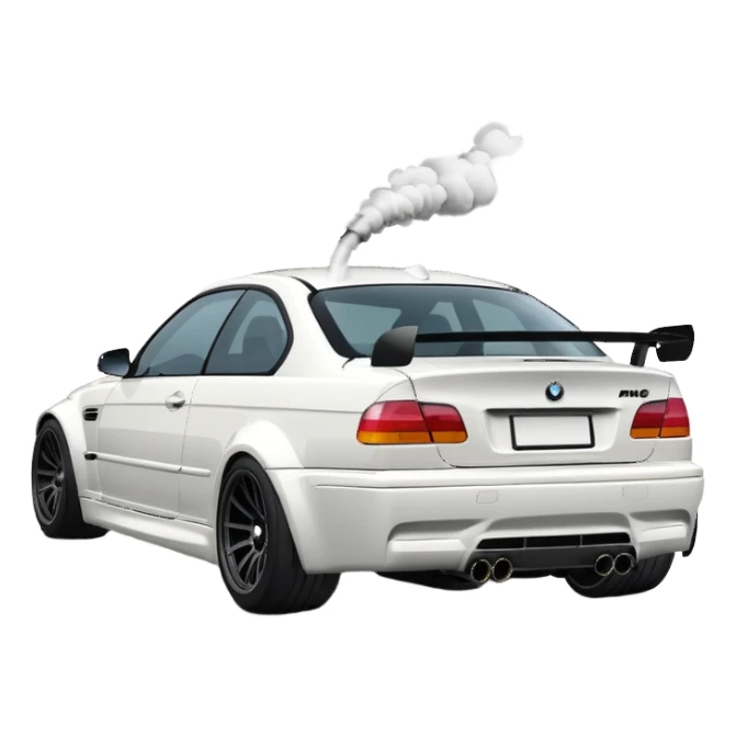 
A white BMW M3 E46 is shown drifting through a corner from a rear-view angle, with a slight wisp of smoke rising from the back and the wheels positioned at a certain angle relative to the turn. sticker