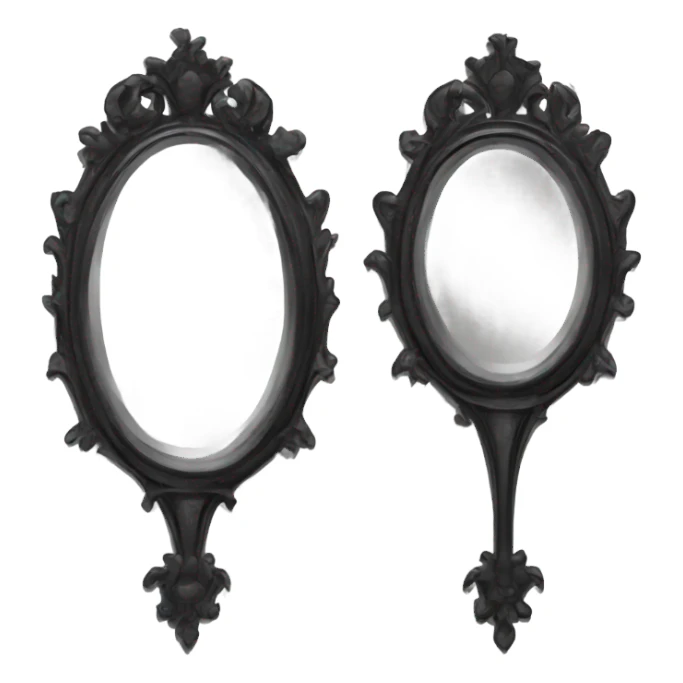 "A Victorian-era Gothic mirror with a black frame, gray-tinted glass, and a red ruby accent."
 sticker