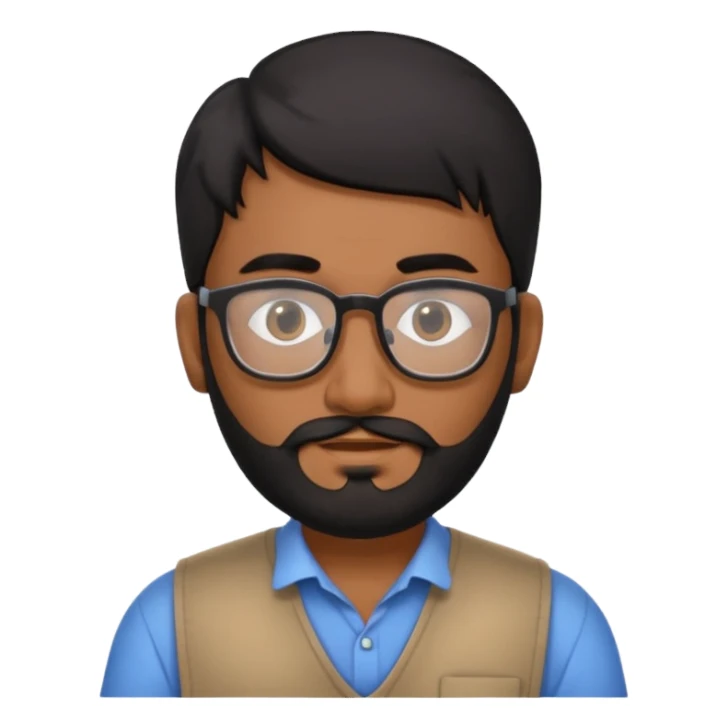 Indian software developer with beards and specs, with few white hairs in mostly black beard and hair sticker