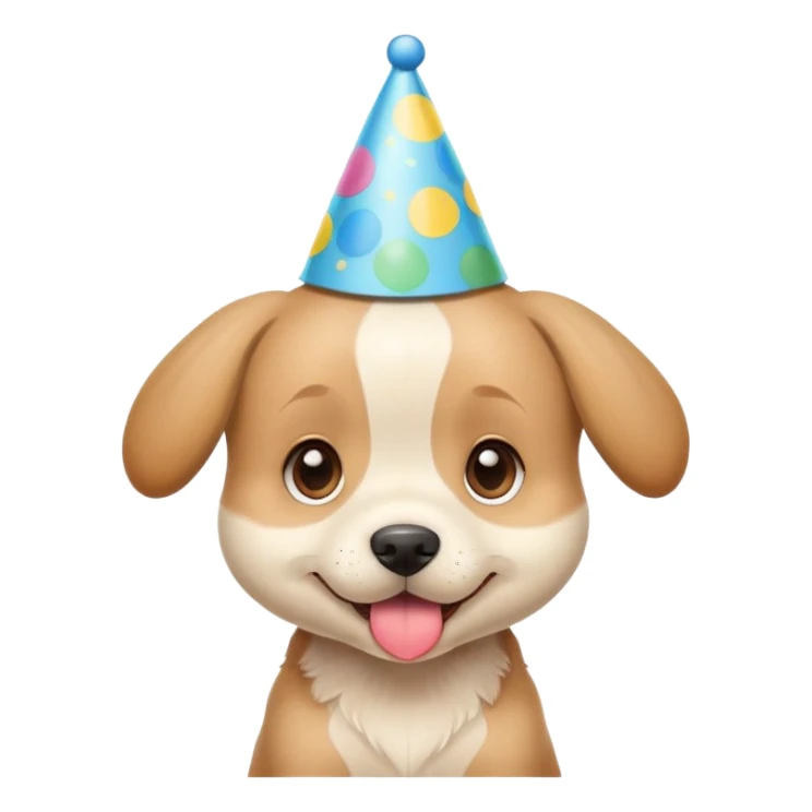 Cute puppy with a silly expression wearing a tiny party hat sticker
