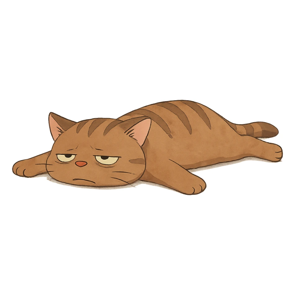 ghibli style cat lying flat, looking exhausted and resigned sticker