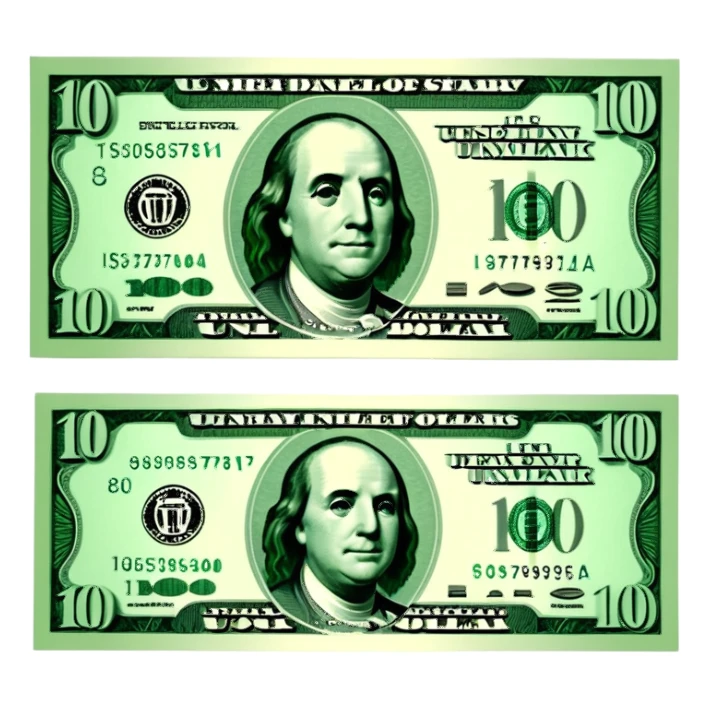 3D realistic US 100 dollar bill sticker, slight perspective, centered, clean cutout, transparent background, no text, no watermark sticker