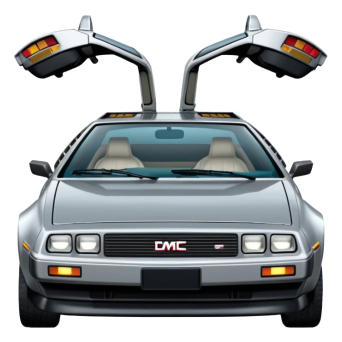 Silver DMC 12 Delorean, closed doors, backside view sticker