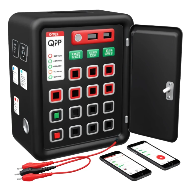 An open, black outdoor test case.Interior: control panel with colored test jacks, USB ports, and a power outlet. A red test probe is located next to it. On the left side of the case is a large roll of white, round test labels displaying QR codes.  sticker