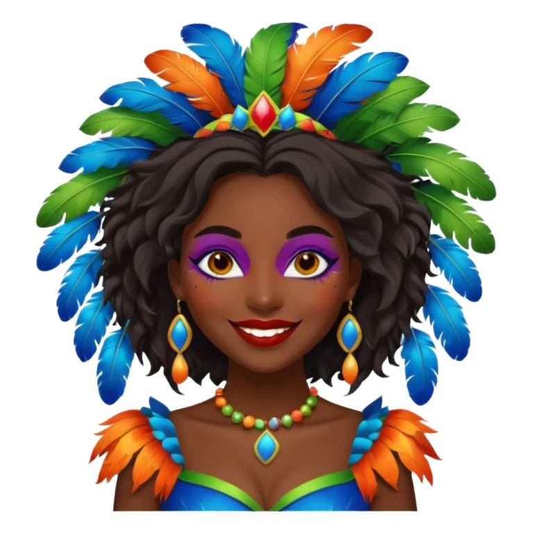 i need the same girl in "dark skin girl, dark red lipstick, nails very beautiful" to be smiling in "carnival mas costume, blue, green and orange preferably, full costume feathers at the back" she is to be smiling, hair should be dark shoulder length, black nail polish on her fingers  sticker