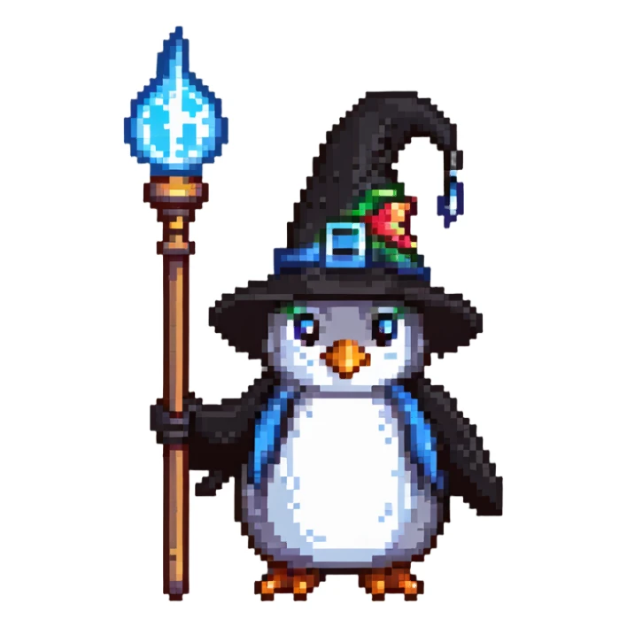 penguin wizard with a pointy hat and magic staff sticker