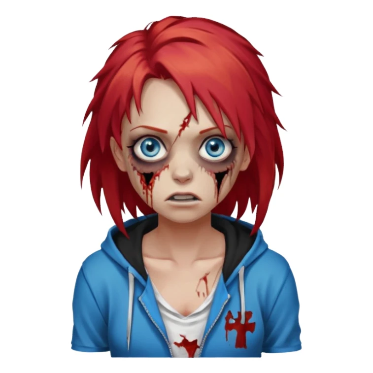 сделай рыжую девушку зомби с избитым лицом, не в полный рост, пусть ее рыжие волосы будут ниже груди с осветленными прядями, глаза у нее будут голубые, а одета она будет в дранную белую майку и черную зип худи sticker