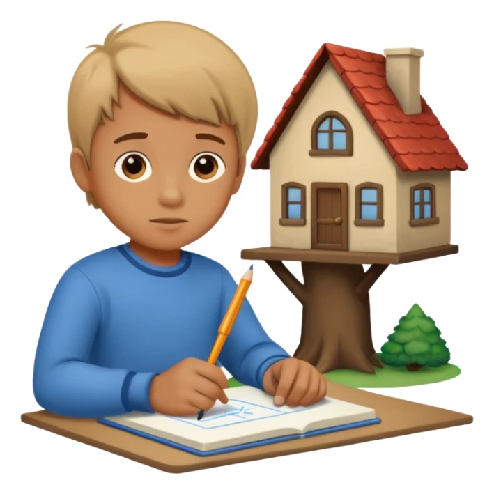 boy drawing little house on notebook sticker