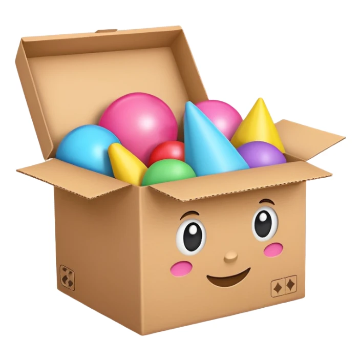 cardboard box with toys, pink sticker