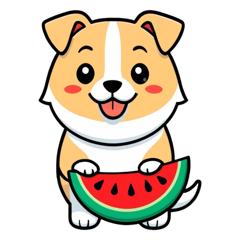 dog with brown eyebrows holding a watermelon sticker