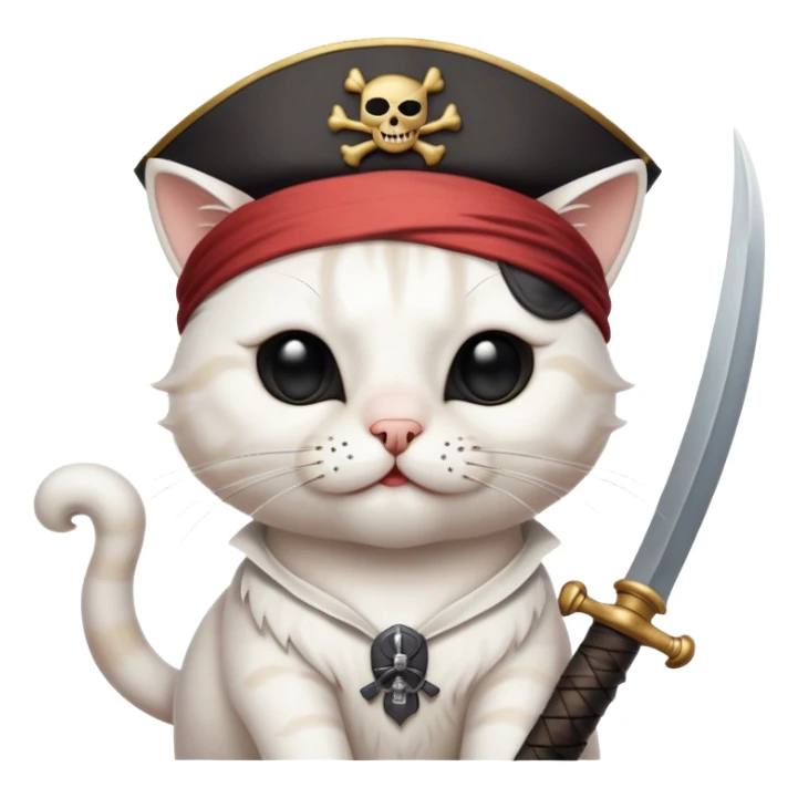Нарисуй довольного кота - пирата. У него один глаз в повязке. Он очень доволен. И идёт на абордаж. Котик белый. Но на голове есть не большие черные пятна. В руке он держит широкую саблю. sticker