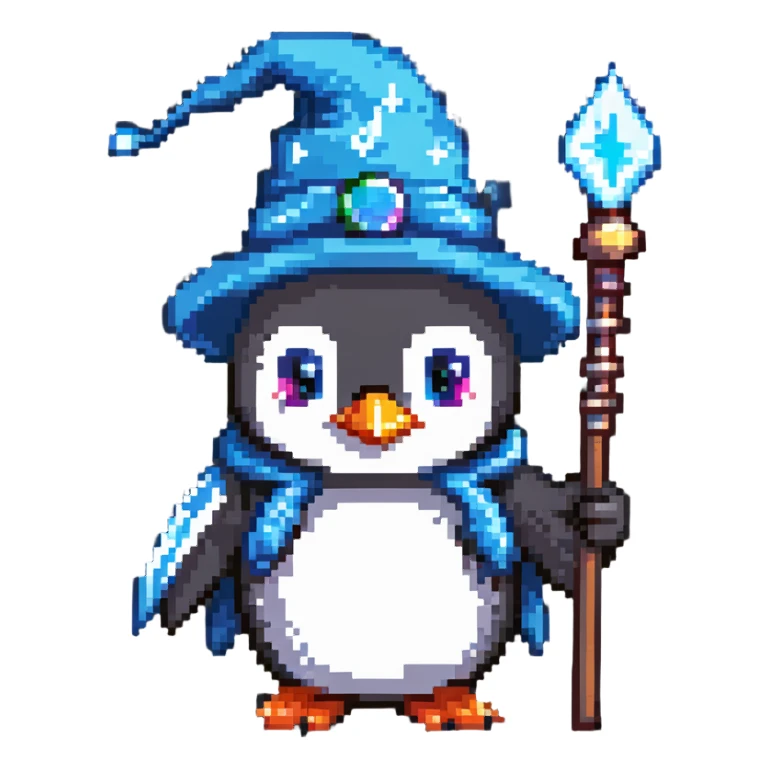 penguin wizard with a pointy hat and magic staff sticker