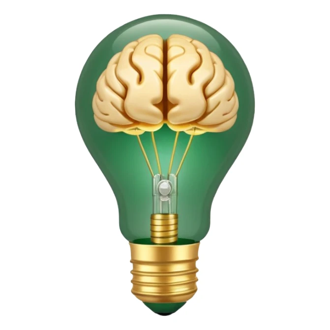 3D lightbulb icon with brain pattern inside, glowing softly, modern glossy style, deep green (#0B3D2C) base, gold (#C9B037) filament glow, cream (#F5F5DC) light, transparent background, premium render sticker