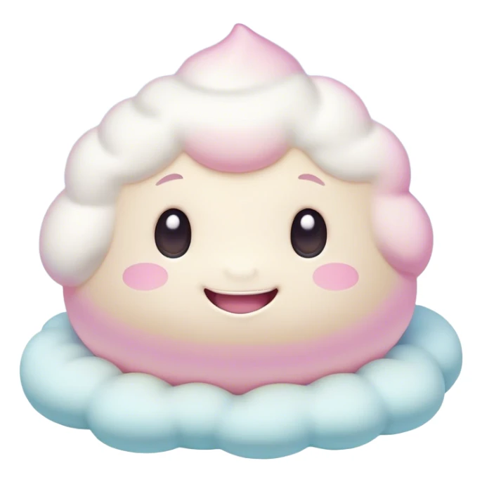 Cinematic fluffy pastel marshmallow character, soft round edges, tiny sparkly eyes, a small happy smile, glowing warmly, floating in a dreamy soft sky. sticker