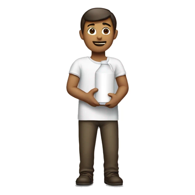 a man from back, holding a milk box sticker