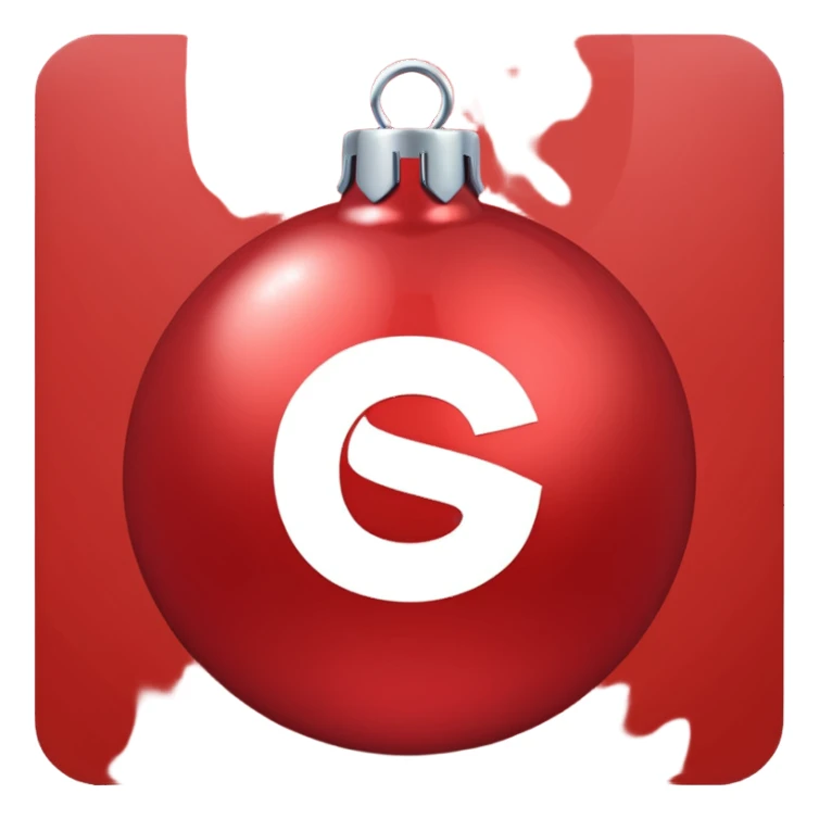 red Christmas ball with white "S" logo sticker