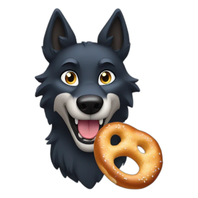 black wolf with blue eyes eats a bretzel sticker