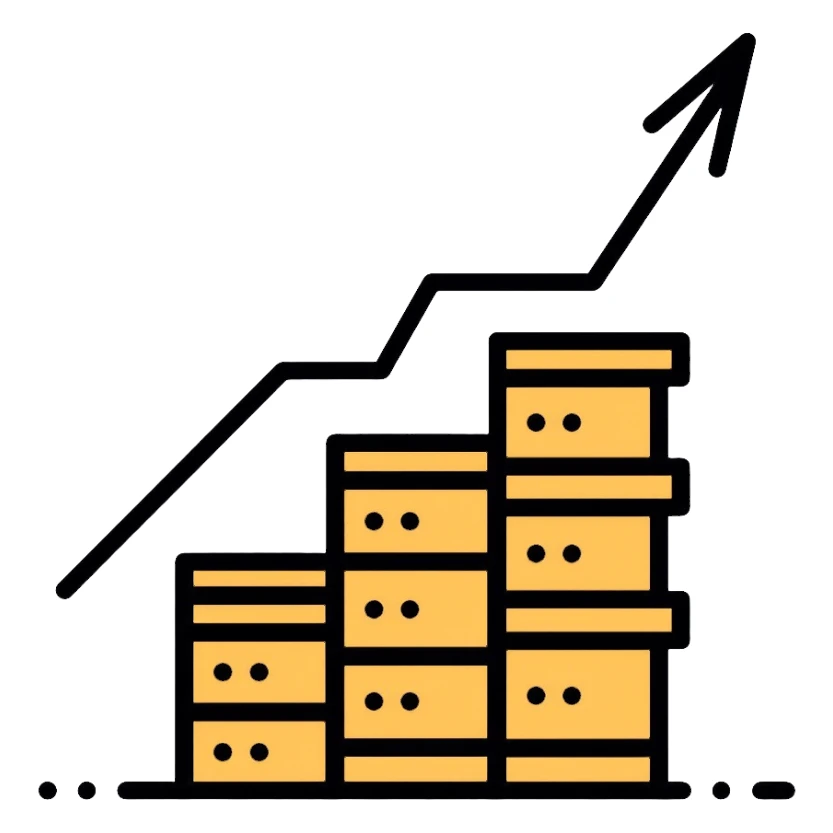 stacked coins with upward arrow showing growing value sticker