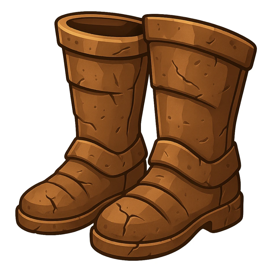 Transform these diamond boots into bronze boots, slightly broken and worn, with visible cracks or dents, in emoji style with transparent background. sticker