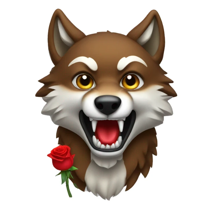 A red wolf with white fangs holds a rose sticker