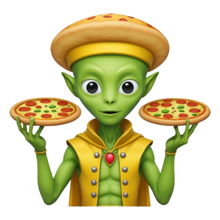 alien, wearing yellow ancient custome, with pizza sticker