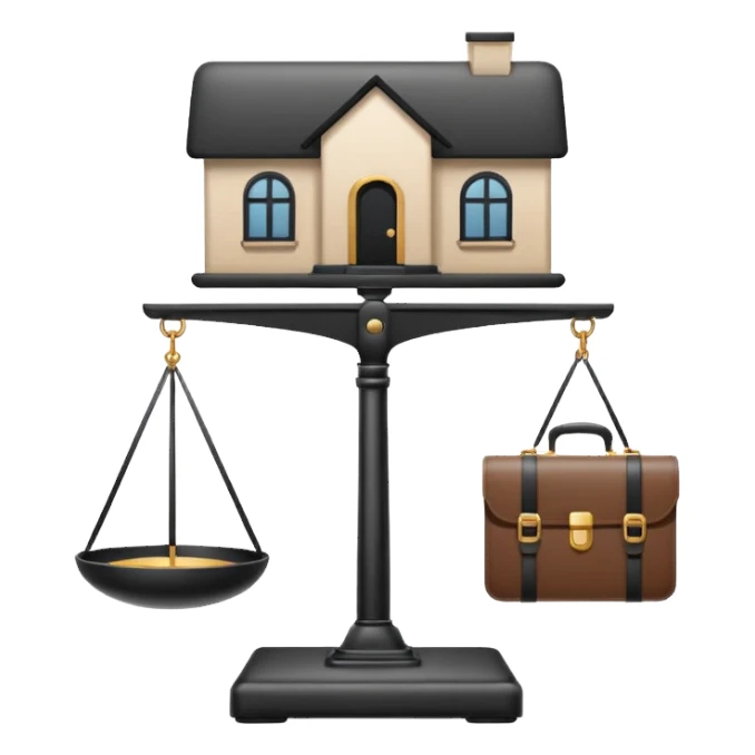 Minimalistic flat vector icon, iOS style, thin black contour on white background. Balanced scale with a house on one side and a briefcase on the other. Clean, no text, no shadows.
 sticker
