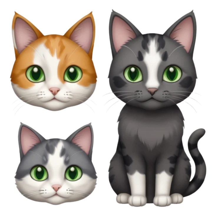 3 different coloured small cats including a dark grey and white, and a patchy calico and a completely solid dark grey with green eyes and only white paws sticker