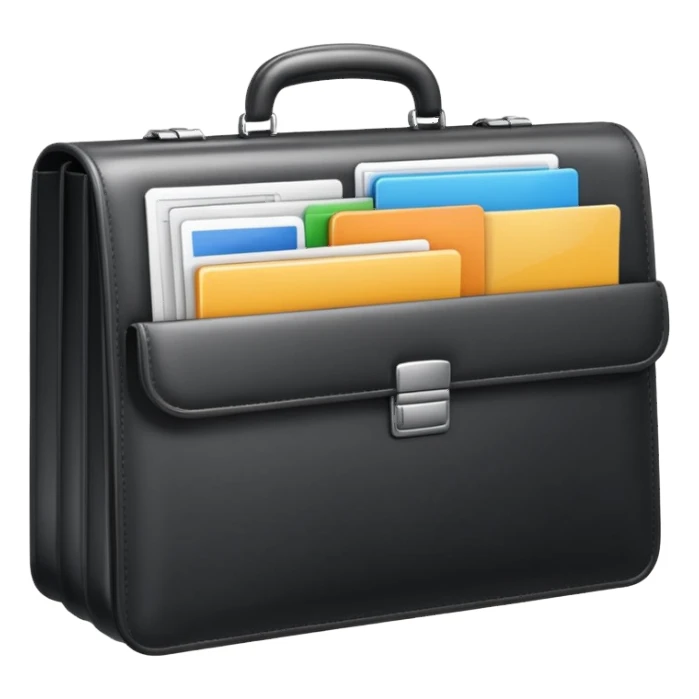 open briefcase displaying icons for CRM, task management, chat, and documents, all-in-one solution, clean modern emoji style sticker