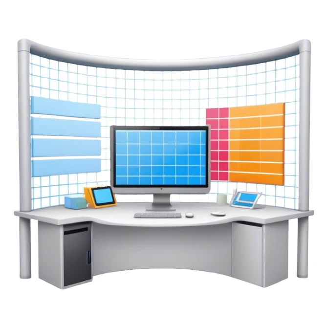 Create an emoji for 3D visualization and modeling. Show a 3D object? like room model with grid lines and a modeling tool (e.g., a mouse or stylus) on a big curved monitor. Use modern, professional colors. Do not include any emojis or smiley faces. Make the background transparent. sticker