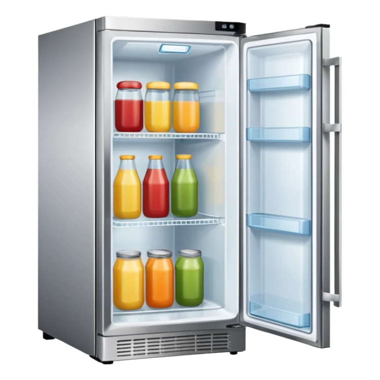 A refrigerator with a transparent front glass divided into three compartments, empty and unoccupied. The refrigerator faces forward. sticker