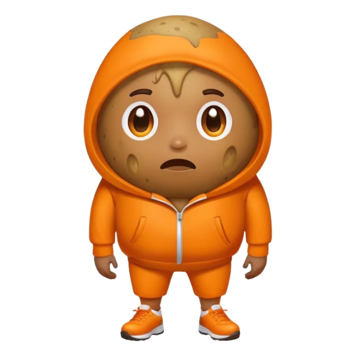 Potato wearing a orange track suit crying sticker