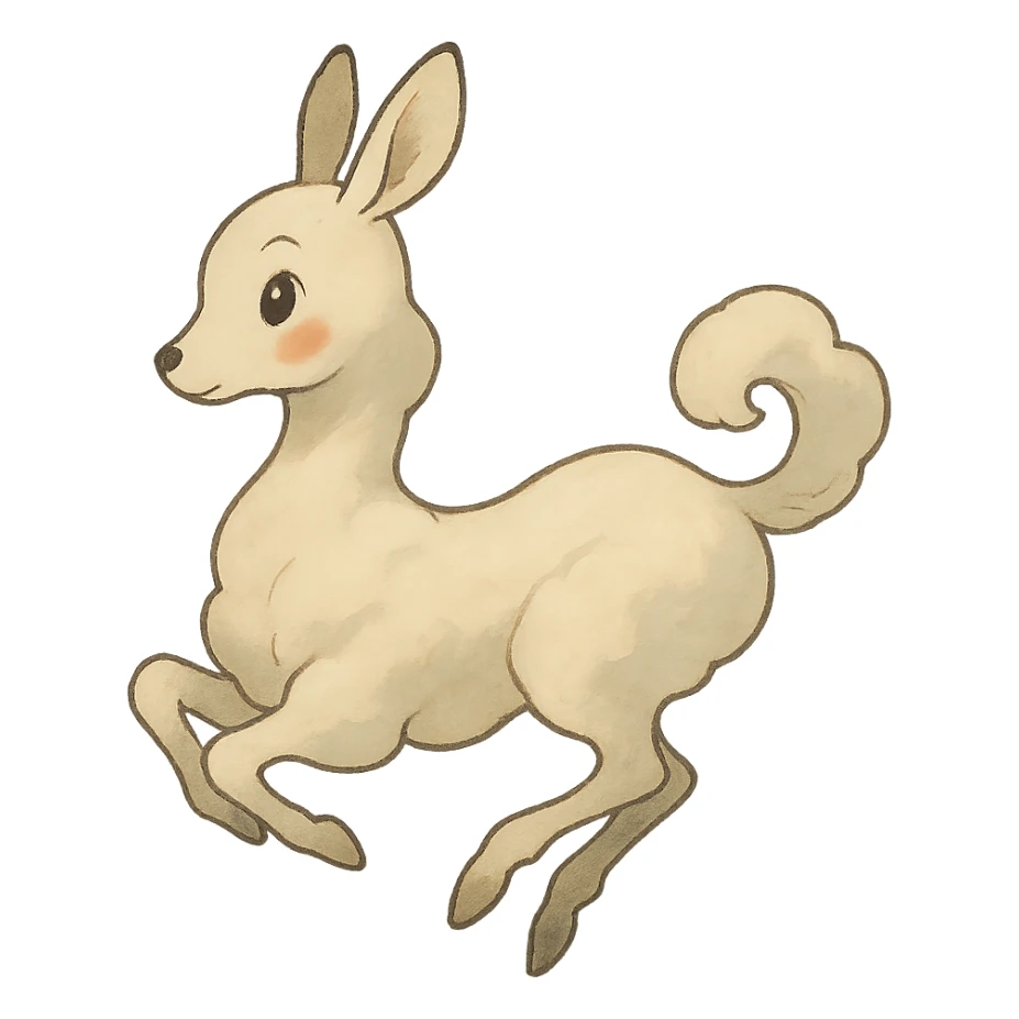 vanilla cloud doe with rosy cheeks, floating gracefully with witch-like elegance, brand identity mascot for social media, Ghibli style sticker