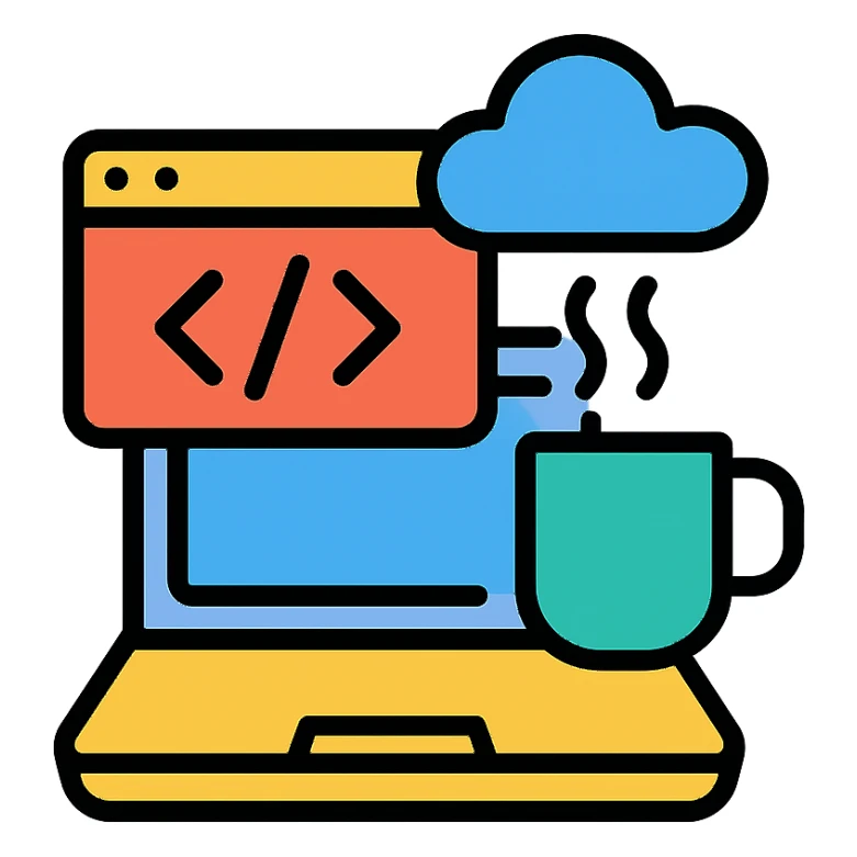 toolkit for a full-stack web developer, featuring a laptop, code editor, coffee mug, and cloud icon, modern color icon style sticker