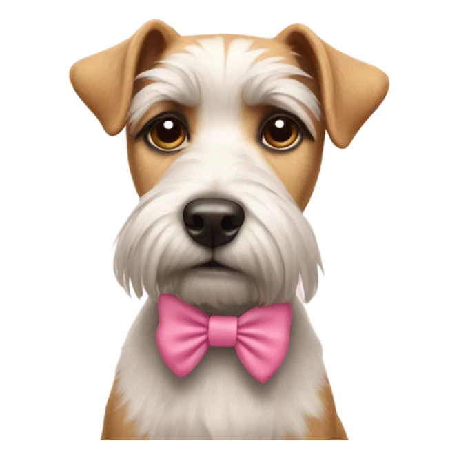 Bored terrier wearing a pink bow sticker