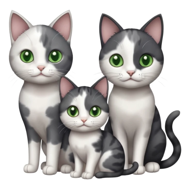 3 different coloured small cats including a dark grey and white, and a patchy calico and a completely solid dark grey with green eyes and only white paws sticker