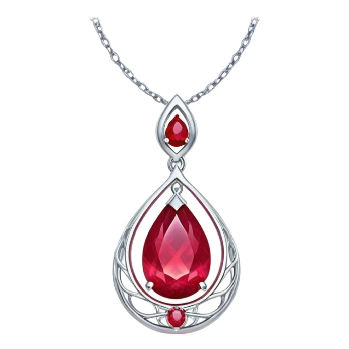teardrop ruby pendant with silver chain, glowing cosmic embryo inside, swirling stardust and fiery trails, radiating ethereal magic sticker