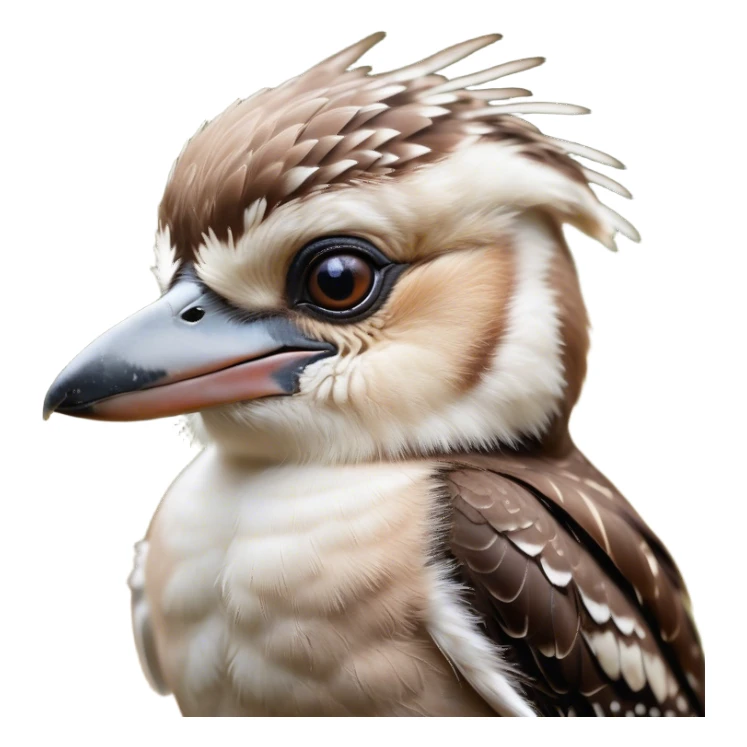 Cinematic Cute Kookaburra Portrait Emoji, Head tilted playfully and inquisitively, featuring a glossy brown plumage with subtle cream accents and a perky, expressive beak, round, sparkling eyes filled with curious mirth, Simplified yet irresistibly adorable features, highly detailed, glowing with a warm, friendly glow, high shine, affectionate and spirited, stylized with a touch of bushland whimsy, bright and endearing, soft glowing outline, capturing the essence of a mischievous yet loving kookaburra, so playful it feels like it could chuckle out of the screen into your arms! sticker