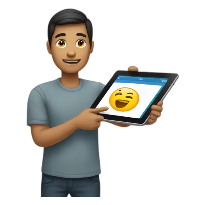 person holding an ipad, while pointing to it sticker