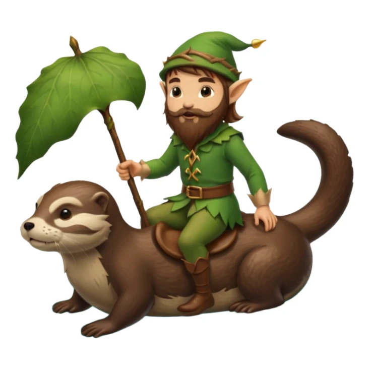 tiny forest elf man long brown hair beard riding an otter sticker