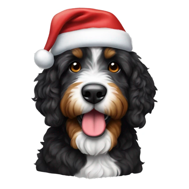 Bernedoodle Brindle dog wearing a Santa hat sticker
