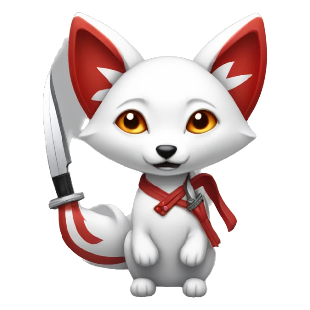 white kitsune with red markings and three tails holding knife sticker