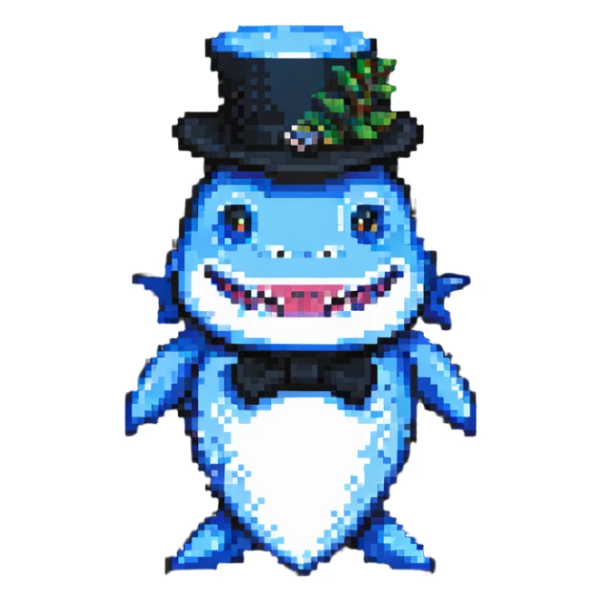 pixel art shark with a black tophat sticker
