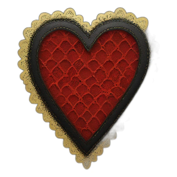 red lace on black leather heart with gold border sticker