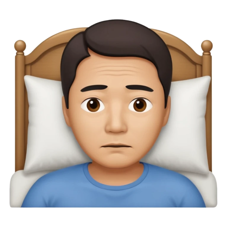 A middle-aged Asian man lying in bed, unable to sleep sticker