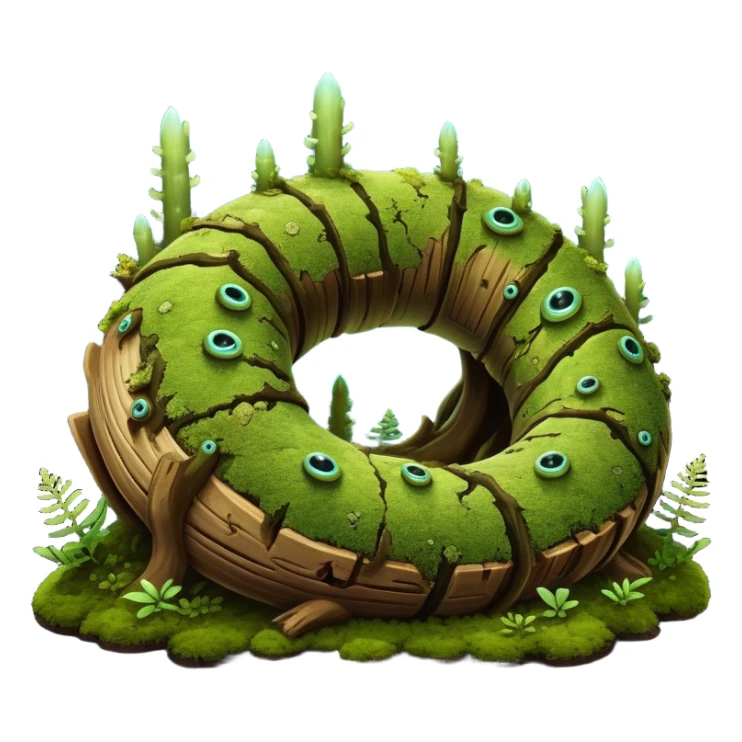 A serpentine creature with a segmented body resembling moss-covered logs, many eyes, featuring bioluminescent fungi growing along its spine that pulse hypnotically when it hunts at night.

 sticker