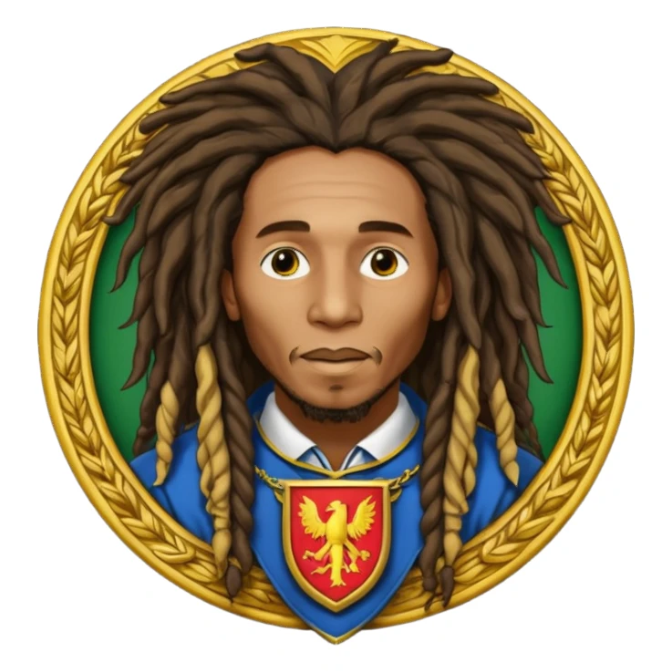 very realistic Bob Marley with gigantic dread locks in form heraldic crest sticker