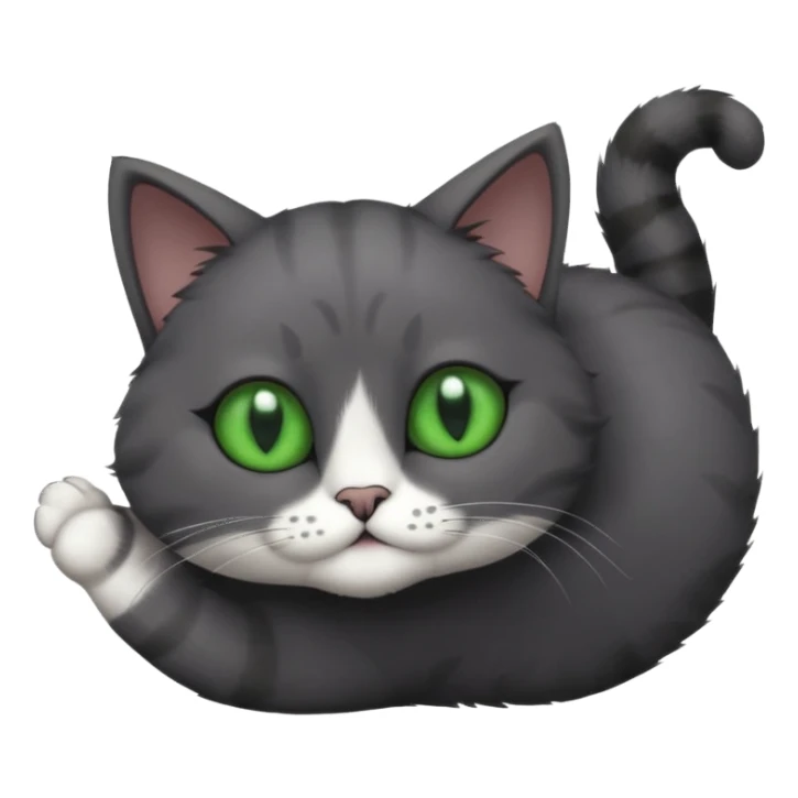 solid dark grey cat with green eyes, completely solid grey face, white toes/paws playing rolling upside down sticker