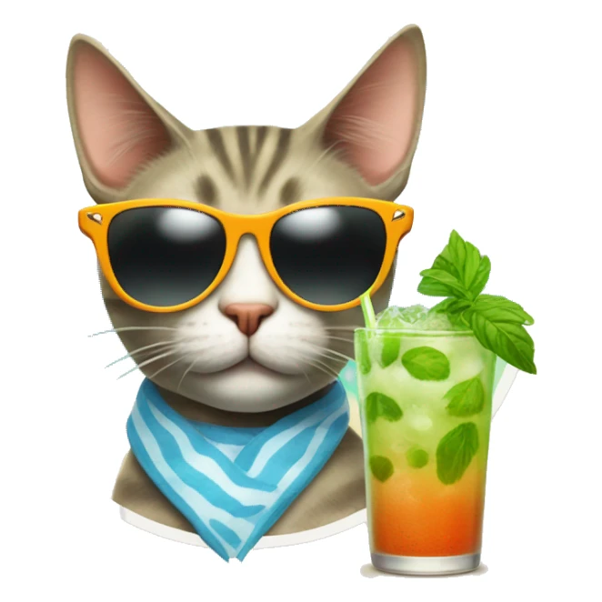 cat wearing a sunglass drinking mojito at thr beach sticker